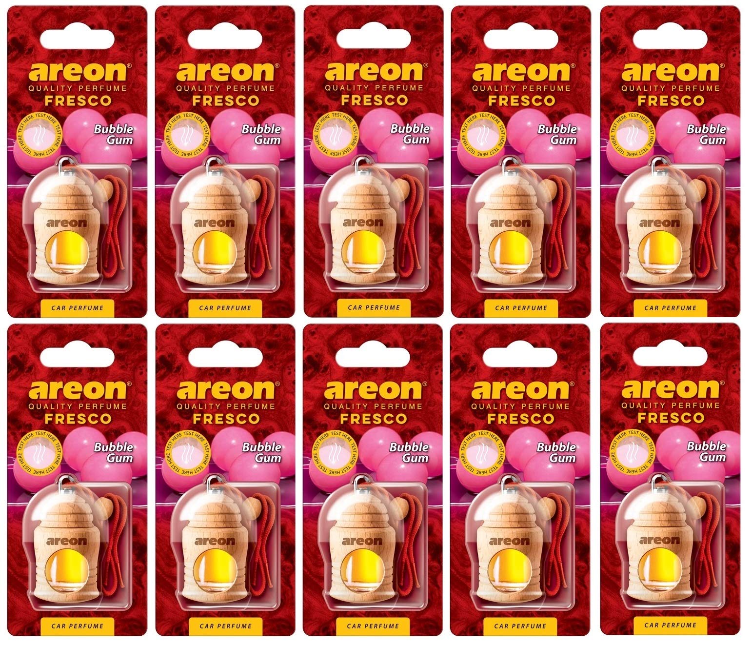Areon Fresco Auto Bubble Gum Duft Kaugummi Rot Glas Duftflakon Flakon Holz Hängend Anhänger Spiegel Set 4ml (Pack x 10) von AREON