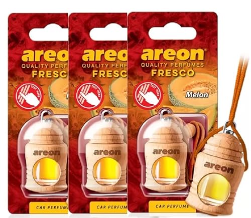 AREON Fresco Auto Duft Melone Glas Duftflakon Flakon Holz Set Hängend Anhänger Spiegel Grün 4ml (Pack x 3) von AREON