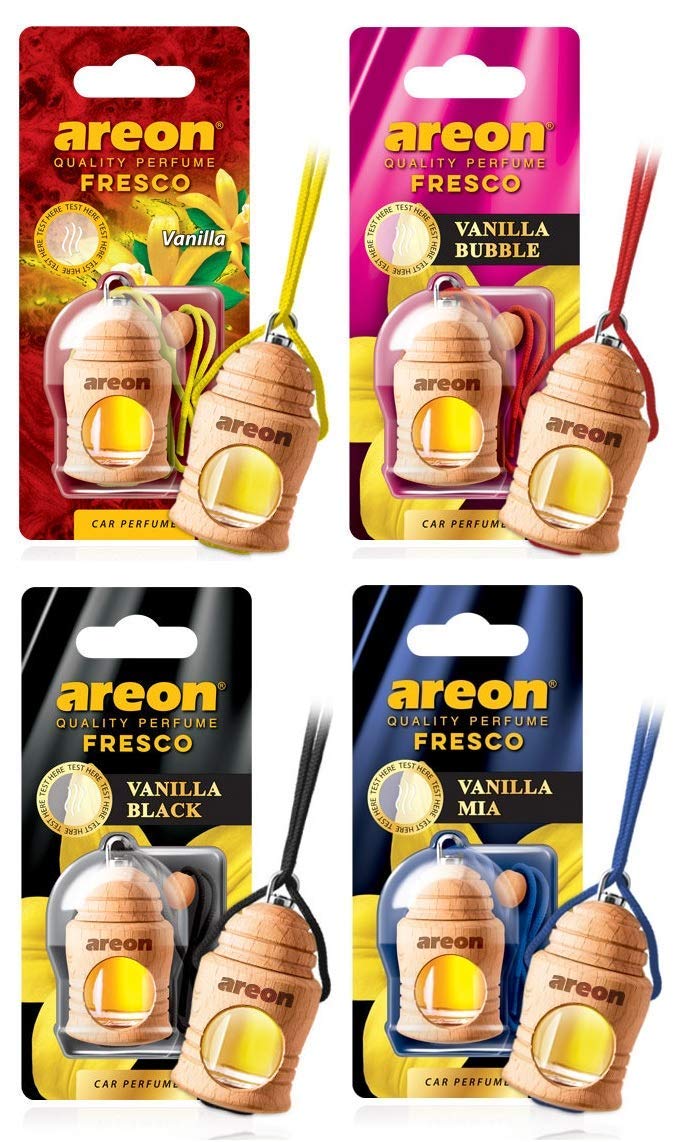 AREON Fresco Auto Duft Vanille Mix Autoduft Flasche Glas Duftflakon Parfüm Flakon Holz Luft Aufhängen Hängend Anhänger Spiegel 4ml 3D (Pack x 4) von AREON