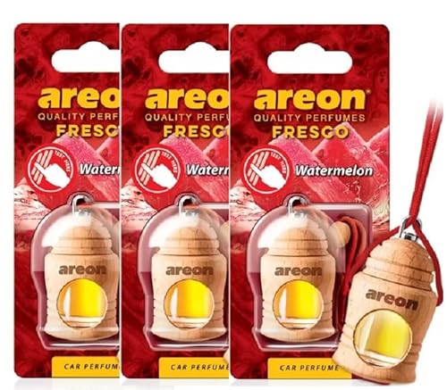 AREON Fresco Auto Duft Wassermelone Glas Duftflakon Flakon Holz Hängend Anhänger Spiegel Rot 4ml (Pack x 3) von AREON