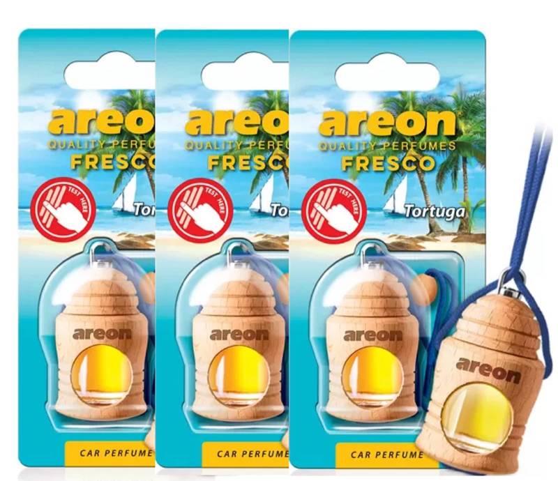 AREON Fresco Auto Tortuga Glas Duftflakon Flakon Holz Blau Set Hängend Anhänger Spiegel 4ml (Pack x 3) von AREON