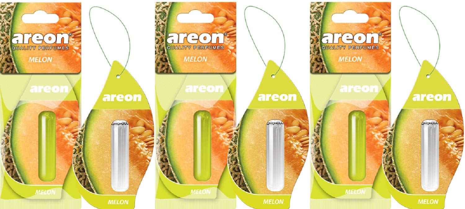 AREON Liquid Auto Duft Melone Autoduft Duftflakon Parfüm Flakon Lufterfrischer Set Aufhängen Hängend Anhänger Spiegel Grün 5ml 3D (Melon Pack x 3) von AREON