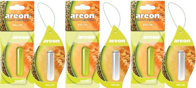 AREON Liquid Auto Duft Melone Autoduft Duftflakon Parfüm Flakon Lufterfrischer Set Aufhängen Hängend Anhänger Spiegel Grün 5ml 3D (Melon Pack x 3) von AREON