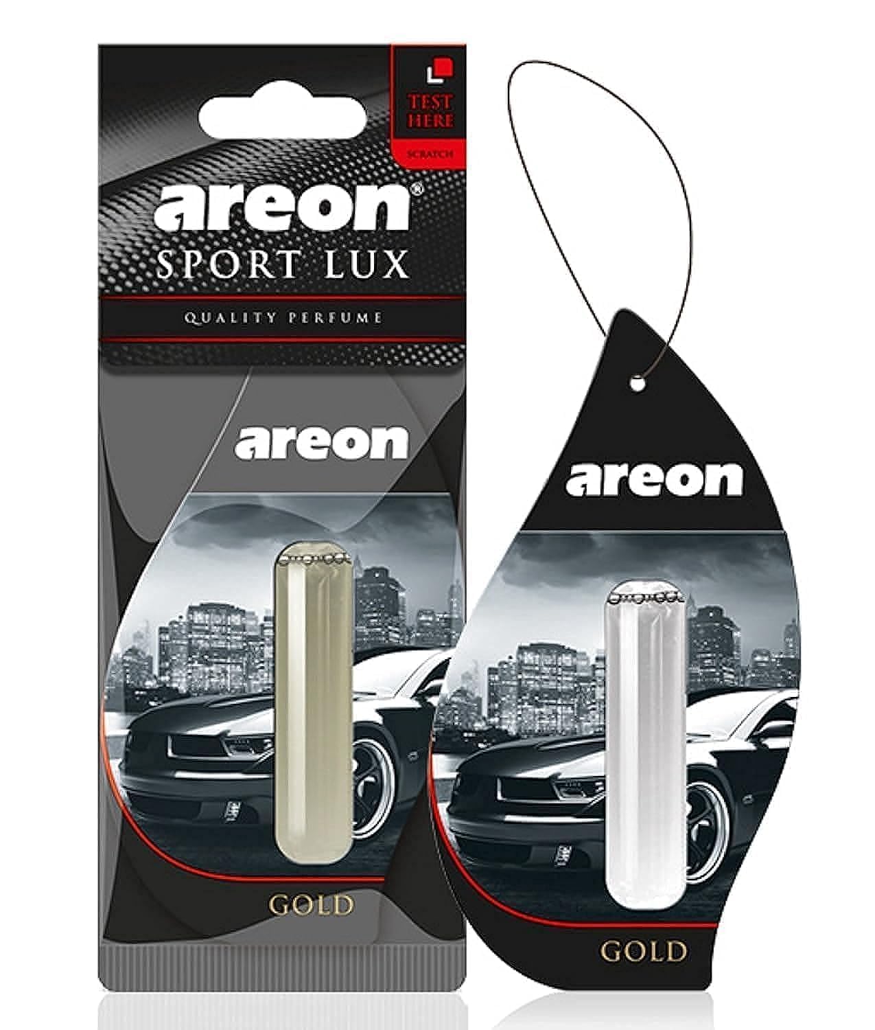 AREON Liquid Auto Duft Sport Lux Gold Autoduft Duftflakon Parfüm Flakon Lufterfrischer Aufhängen Hängend Anhänger Spiegel 5ml Schwarz 3D (Pack x 1) von AREON