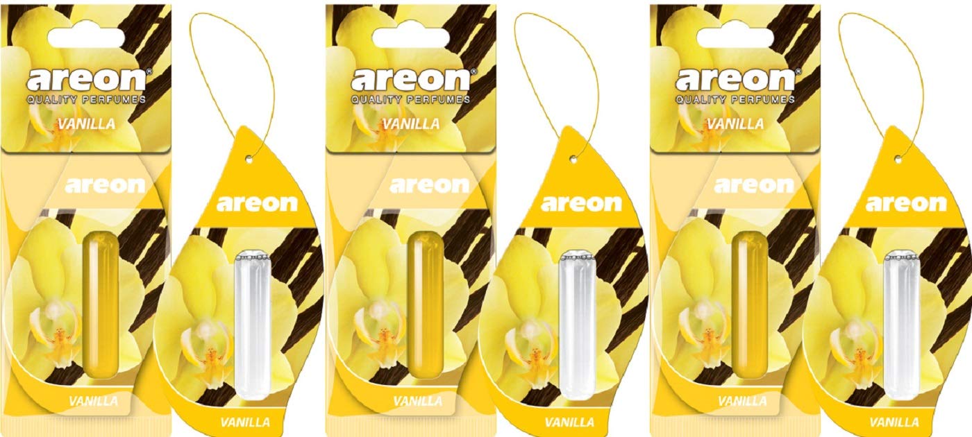 AREON Liquid Auto Lufterfrischer Vanille Duft Autoduft Duftflakon Parfüm Set Flakon Aufhängen Hängend Anhänger Spiegel Gelb 5ml 3D (Vanilla Pack x 3) von AREON