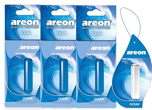 AREON Liquid Auto Parfüm Ozean Autoduft Hängend Duftflakon Flakon Lufterfrischer Set Aufhängen Anhänger Spiegel Blau 5ml 3D (Ocean Pack x 3) von AREON