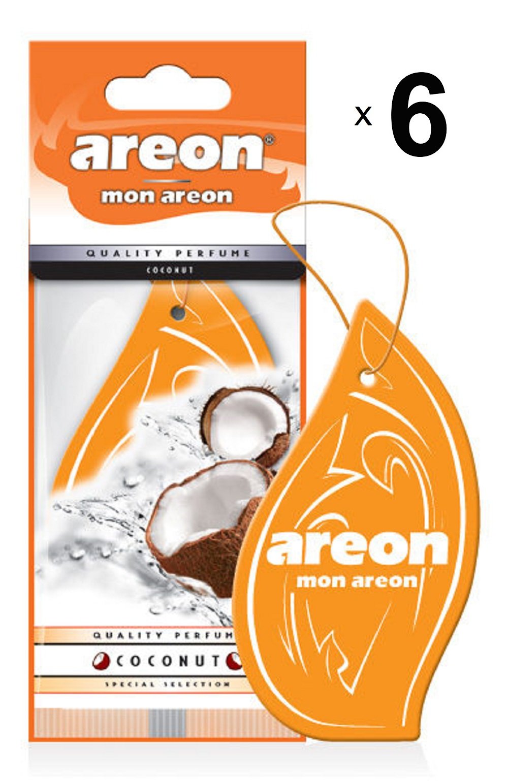 AREON Mon Auto Duft Kokosnuss Luft Autoduft Orange Hängend Aufhängen Anhänger Spiegel Kokos Cocos Pappe 2D Wohnung (Coconut Set Pack x 6) von AREON