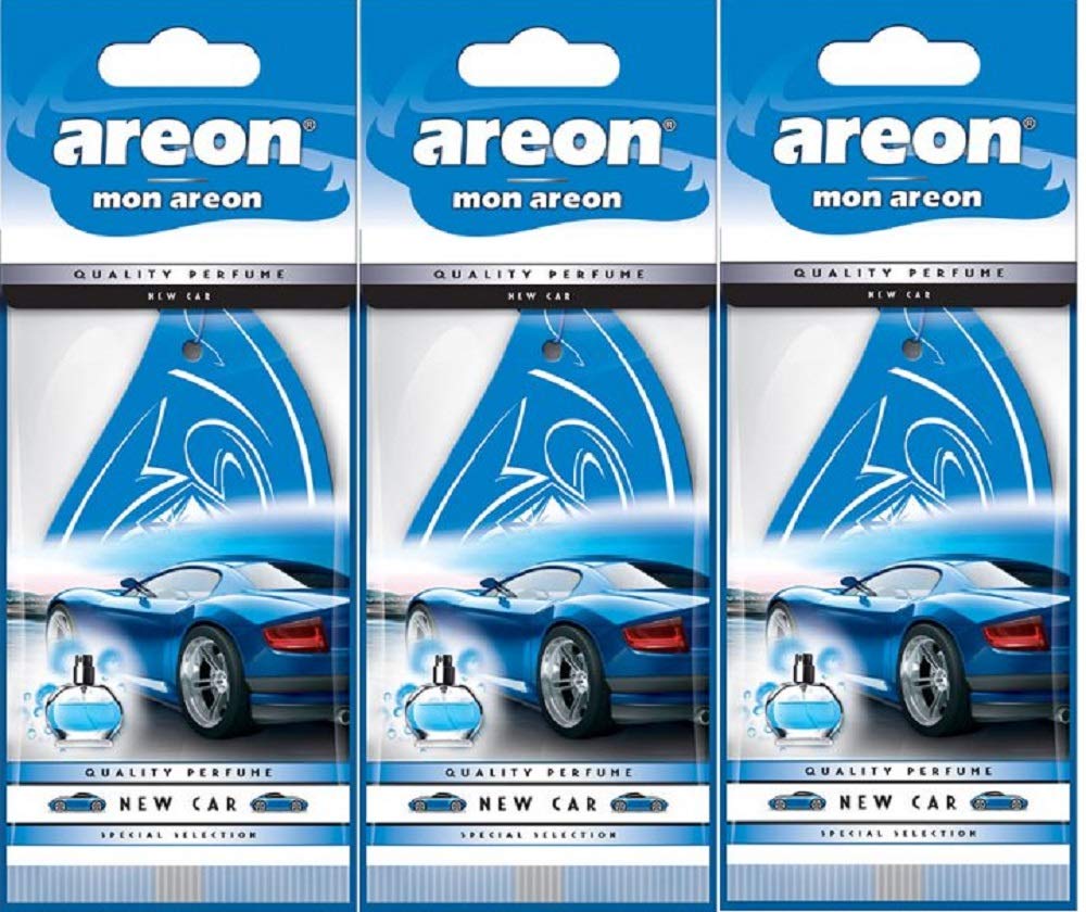 AREON Mon Auto Duft New Car Neues Auto Neuwagen Lufterfrischer Autoduft Blau Hängend Aufhängen Anhänger Spiegel Pappe 2D Wohnung (Set Pack x 3) von AREON