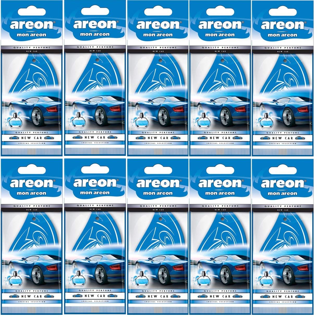 AREON Mon Auto Duft New Car Neues Auto Neuwagen Lufterfrischer Autoduft Blau Hängend Aufhängen Anhänger Spiegel Pappe 2D Wohnung (Set Pack x 10) von AREON