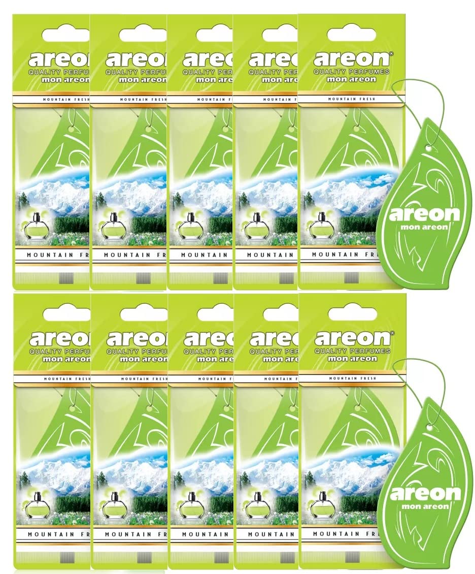 AREON Mon Auto Lufterfrischer Berg Frisch Anhänger Hängend Aufhängen Spiegel Grün Duft Autoduft Pappe 2D Wohnung (Set Pack x 10) von AREON