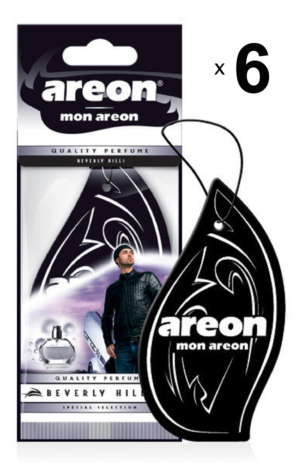 AREON Mon Auto Lufterfrischer Beverly Hills Schwarz Duft Anhänger Hängend Aufhängen Spiegel Autoduft Pappe 2D Wohnung (Set Pack x 6) von AREON