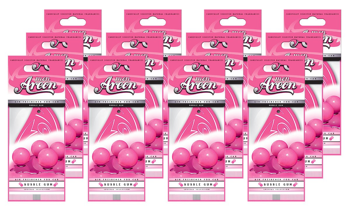 AREON Mon Auto Lufterfrischer Bubble Gum Duft Autoduft Kaugummi Pink Rosa Hängend Aufhängen Anhänger Spiegel Pappe 2D Wohnung (Set Pack x 12) von AREON