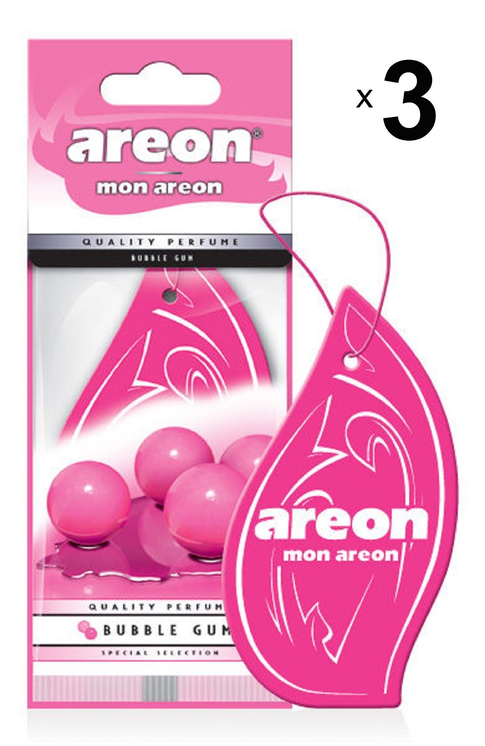 AREON Mon Auto Lufterfrischer Bubble Gum Duft Autoduft Kaugummi Pink Rosa Hängend Aufhängen Anhänger Spiegel Pappe 2D Wohnung (Set Pack x 3) von AREON
