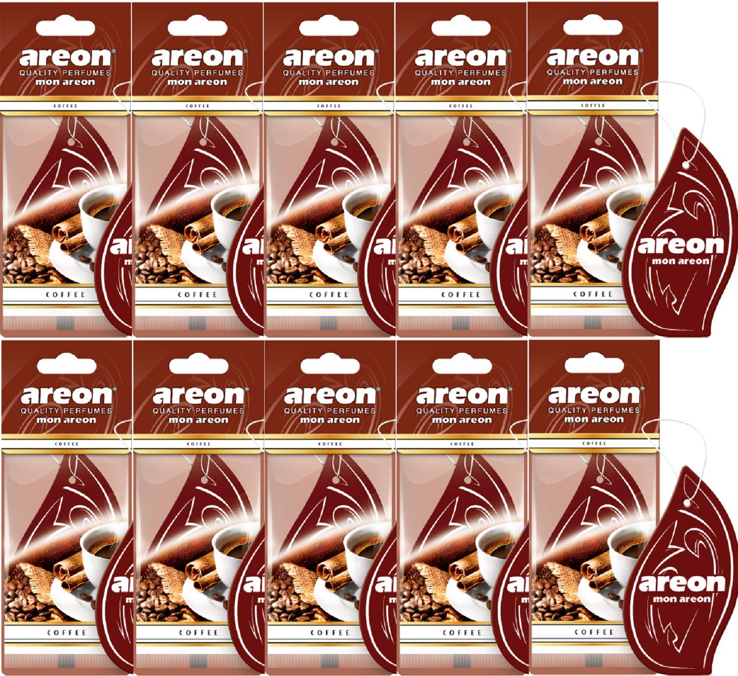 AREON Mon Auto Lufterfrischer Kaffee Duft Autoduft Hängend Aufhängen Anhänger Spiegel Braun Pappe 2D Wohnung (Coffee Set Pack x 10) von AREON
