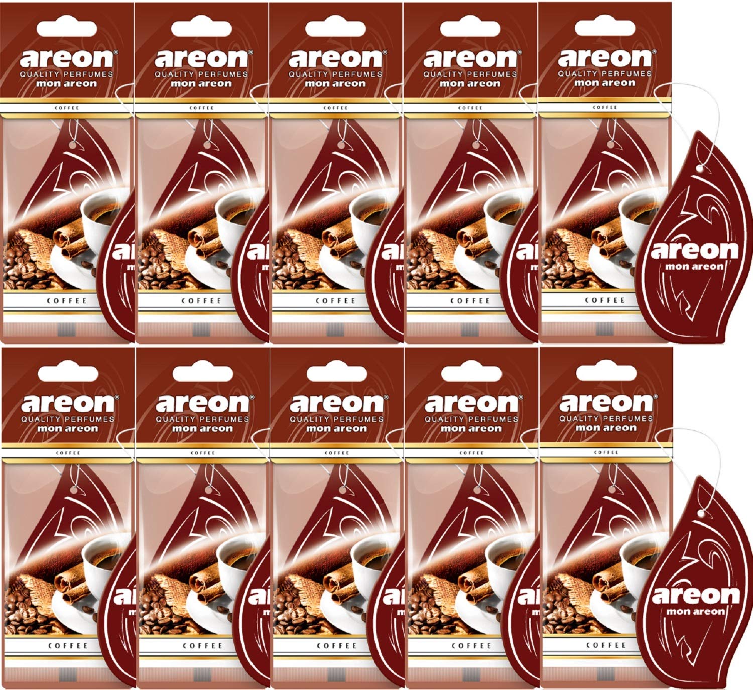 AREON Mon Auto Lufterfrischer Kaffee Duft Autoduft Hängend Aufhängen Anhänger Spiegel Braun Pappe 2D Wohnung (Coffee Set Pack x 10) von AREON