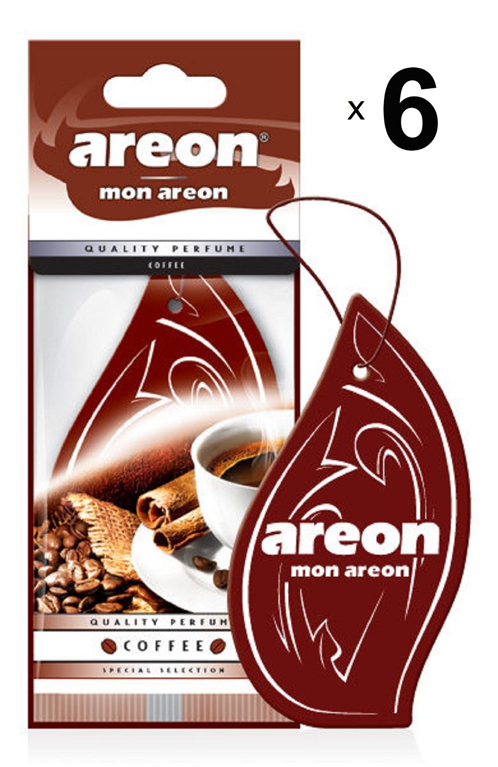 AREON Mon Auto Lufterfrischer Kaffee Duft Autoduft Hängend Aufhängen Anhänger Spiegel Braun Pappe 2D Wohnung (Coffee Set Pack x 6) von AREON