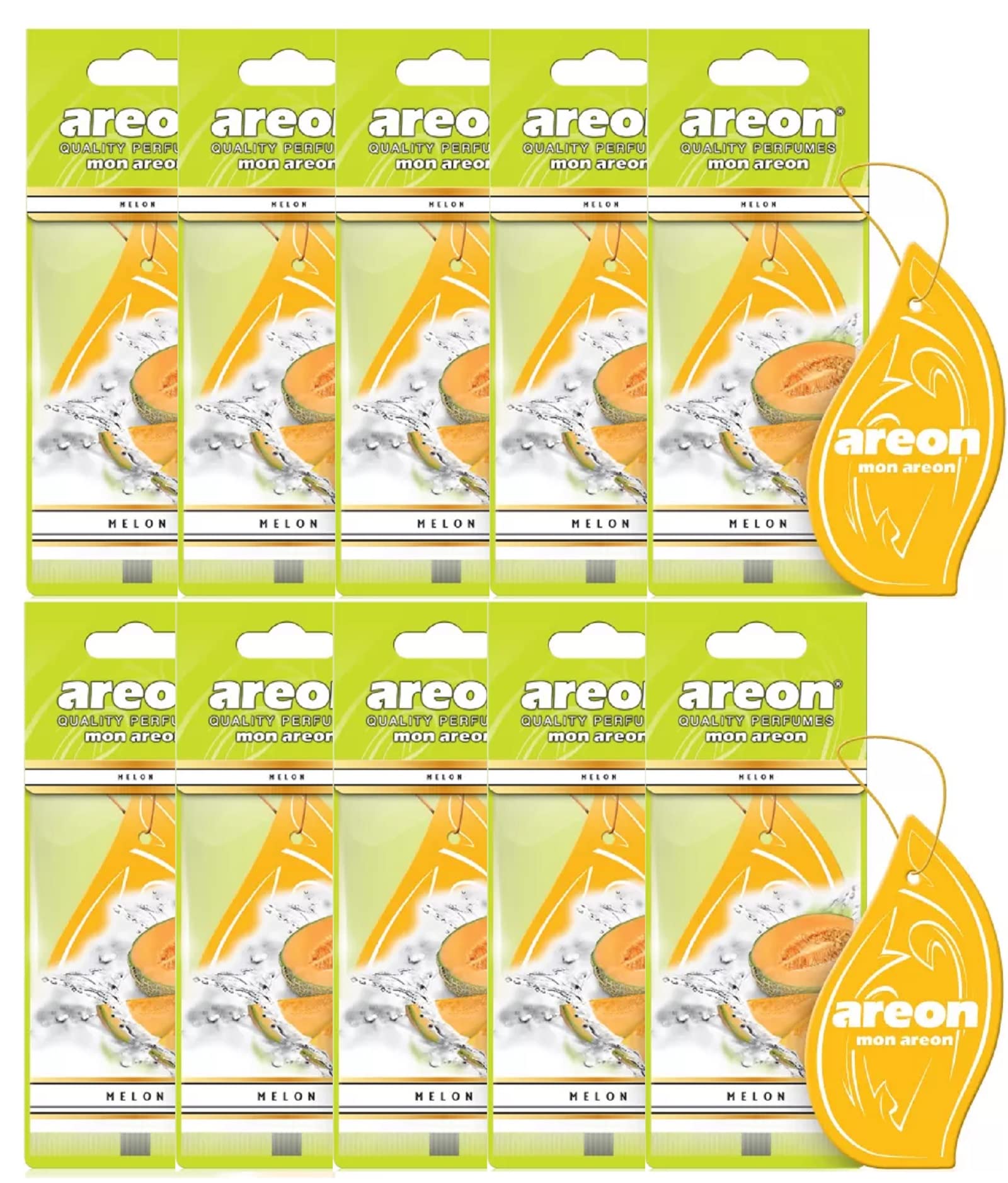 AREON Mon Auto Lufterfrischer Melone Duft Anhänger Hängend Aufhängen Spiegel Gelb Autoduft Pappe 2D Wohnung (Melon Set Pack x 10) von AREON