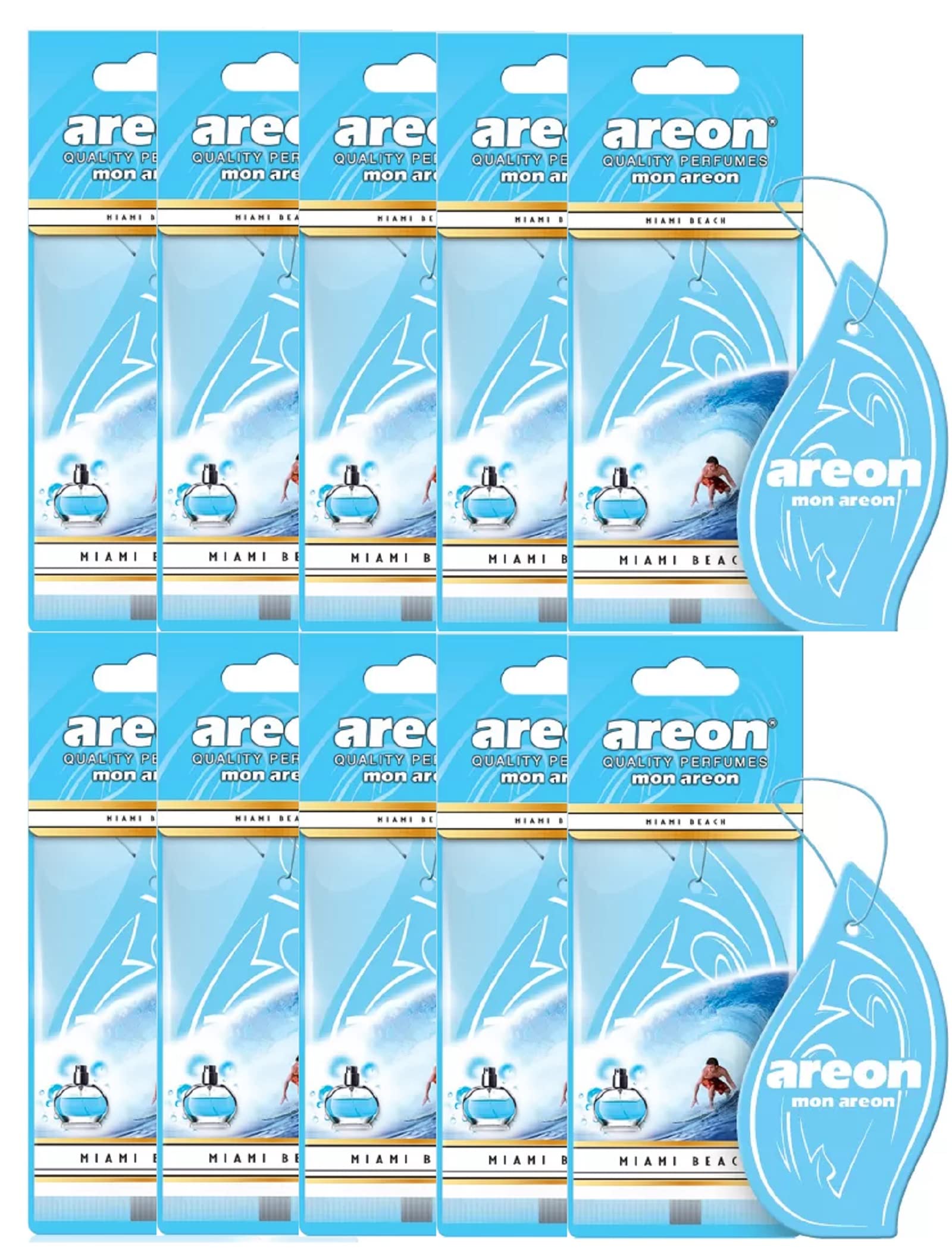 AREON Mon Auto Lufterfrischer Miami Beach Anhänger Hängend Aufhängen Spiegel Blau Duft Autoduft Pappe 2D Wohnung (Set Pack x 10) von AREON