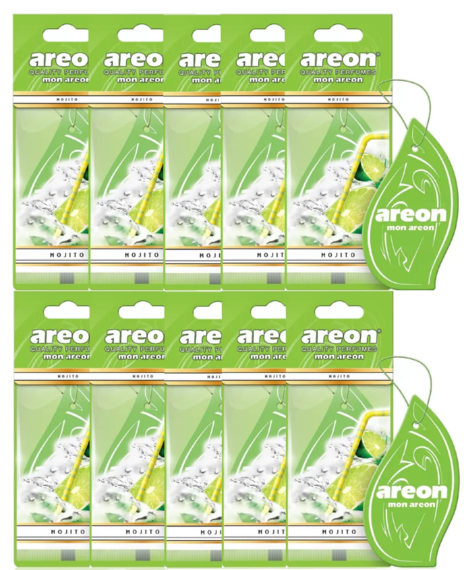 AREON Mon Auto Lufterfrischer Mojito Duft Anhänger Hängend Aufhängen Spiegel Grün Autoduft Pappe 2D Wohnung (Set Pack x 10) von AREON