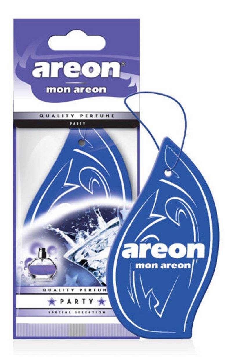 AREON Mon Auto Lufterfrischer Party Anhänger Hängend Aufhängen Spiegel Blau Duft Autoduft Pappe 2D Wohnung (Set Pack x 6) von AREON