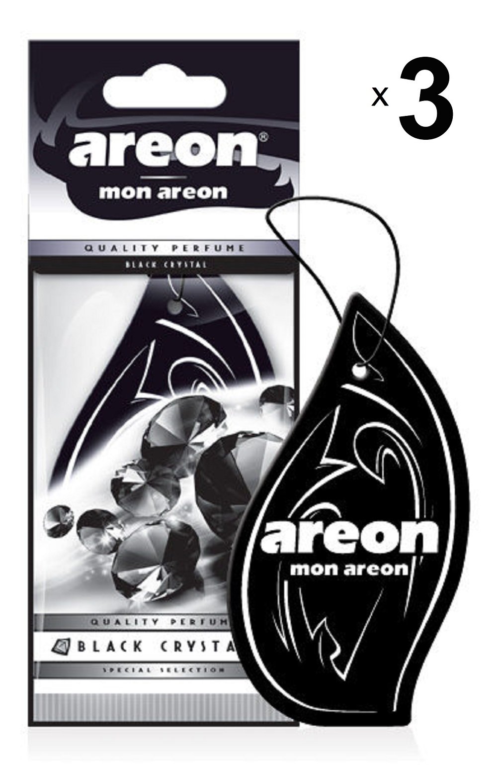 AREON Mon Auto Lufterfrischer Schwarzer Kristall Anhänger Hängend Aufhängen Spiegel Duft Autoduft Schwarz Pappe 2D Wohnung (Black Crystal Set Pack x 3) von AREON