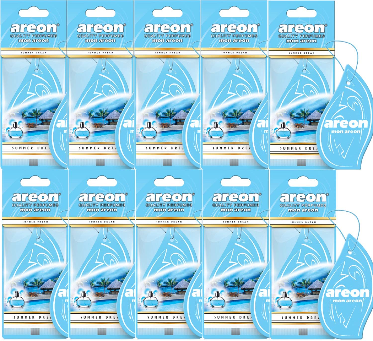 AREON Mon Auto Lufterfrischer Sommertraum Duft Anhänger Hängend Aufhängen Spiegel Blau Autoduft Pappe 2D Wohnung (Summer Dream Set Pack x 10) von AREON