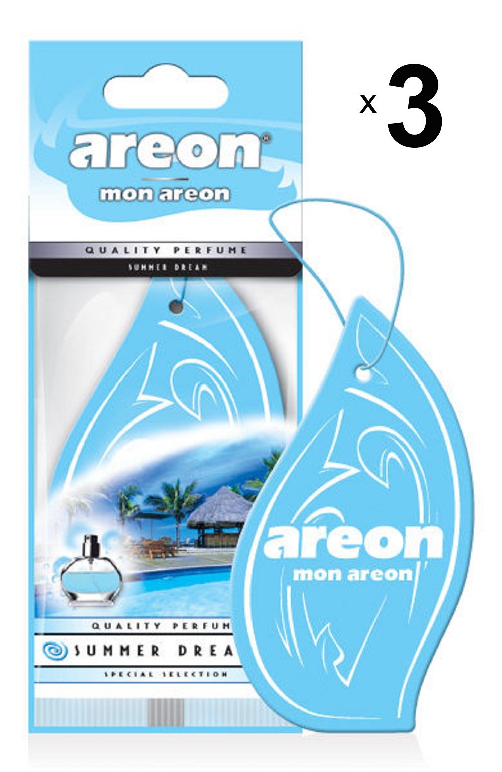 AREON Mon Auto Lufterfrischer Sommertraum Duft Anhänger Hängend Aufhängen Spiegel Blau Autoduft Pappe 2D Wohnung (Summer Dream Set Pack x 3) von AREON