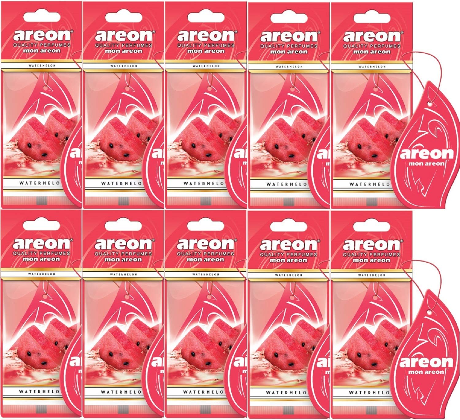 Areon Mon Auto Lufterfrischer Wassermelone Duft Autoduft Rot Anhänger Hängend Aufhängen Spiegel Pappe 2D Wohnung (Watermelon Set Pack x 10) von AREON