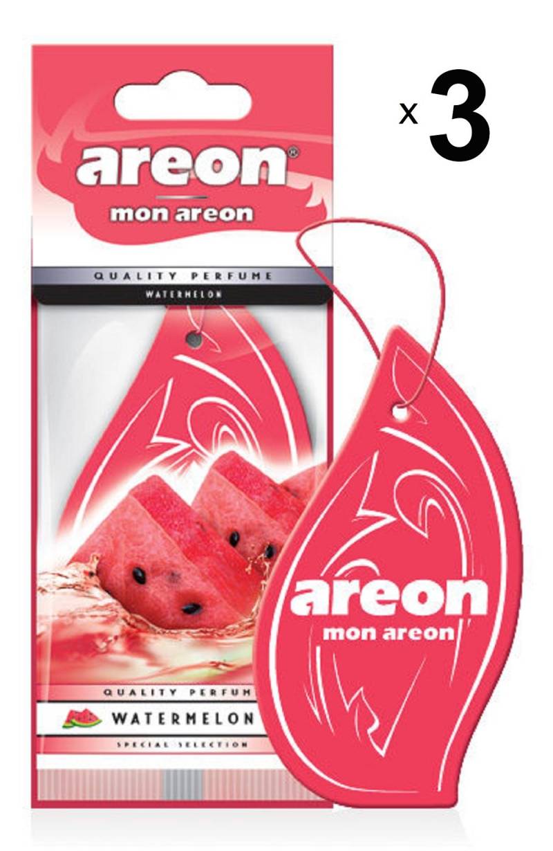 AREON Mon Auto Lufterfrischer Wassermelone Duft Autoduft Rot Anhänger Hängend Aufhängen Spiegel Pappe 2D Wohnung (Watermelon Set Pack x 3) von AREON