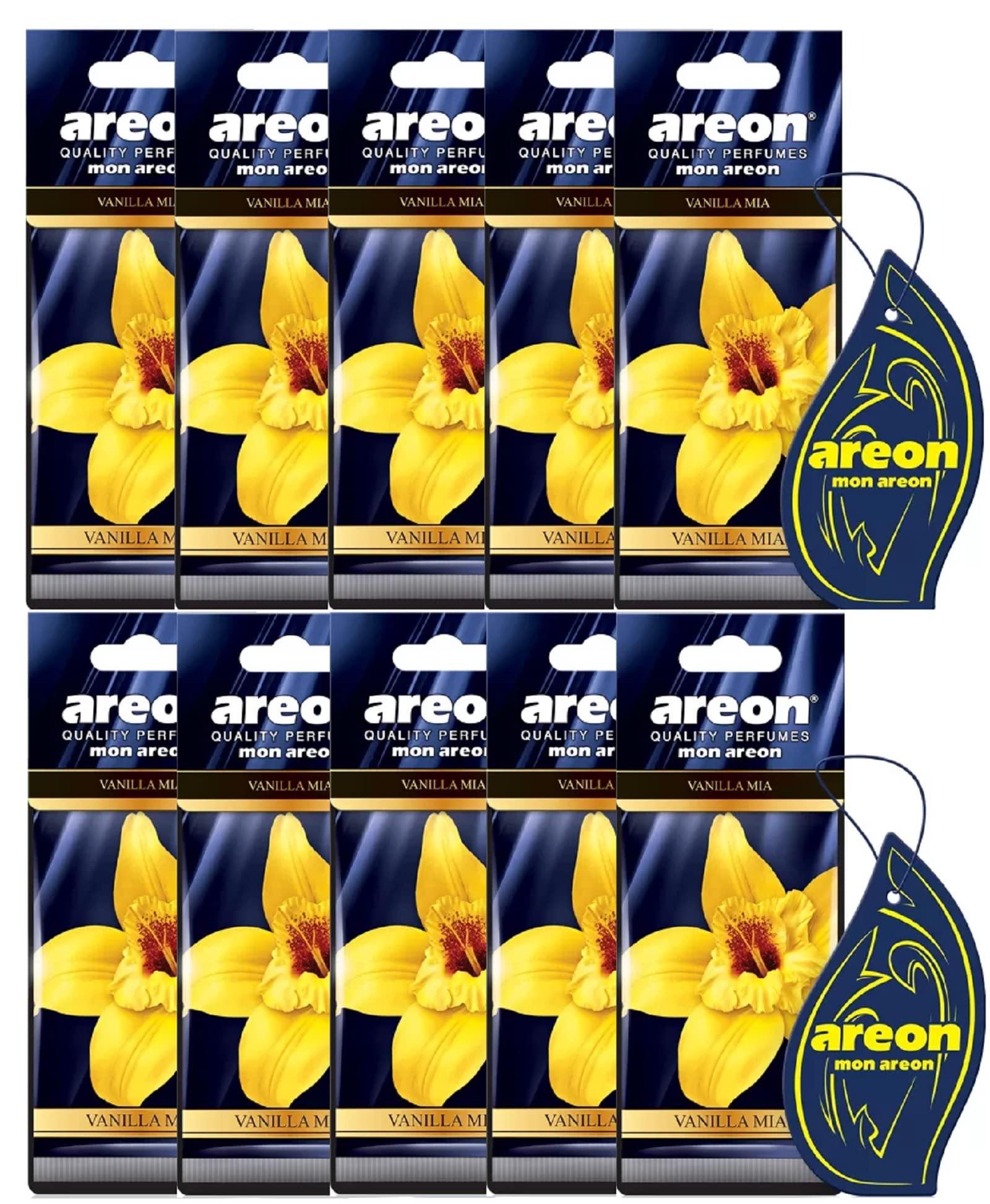 AREON Mon Autoduft Vanille Mia Lufterfrischer Auto Duft Hängend Aufhängen Anhänger Geruch Parfüm Erfrischer Duftspender Blau Spiegel Pappe 2D Wohnung (Vanilla Mia Set Pack x 10) von AREON