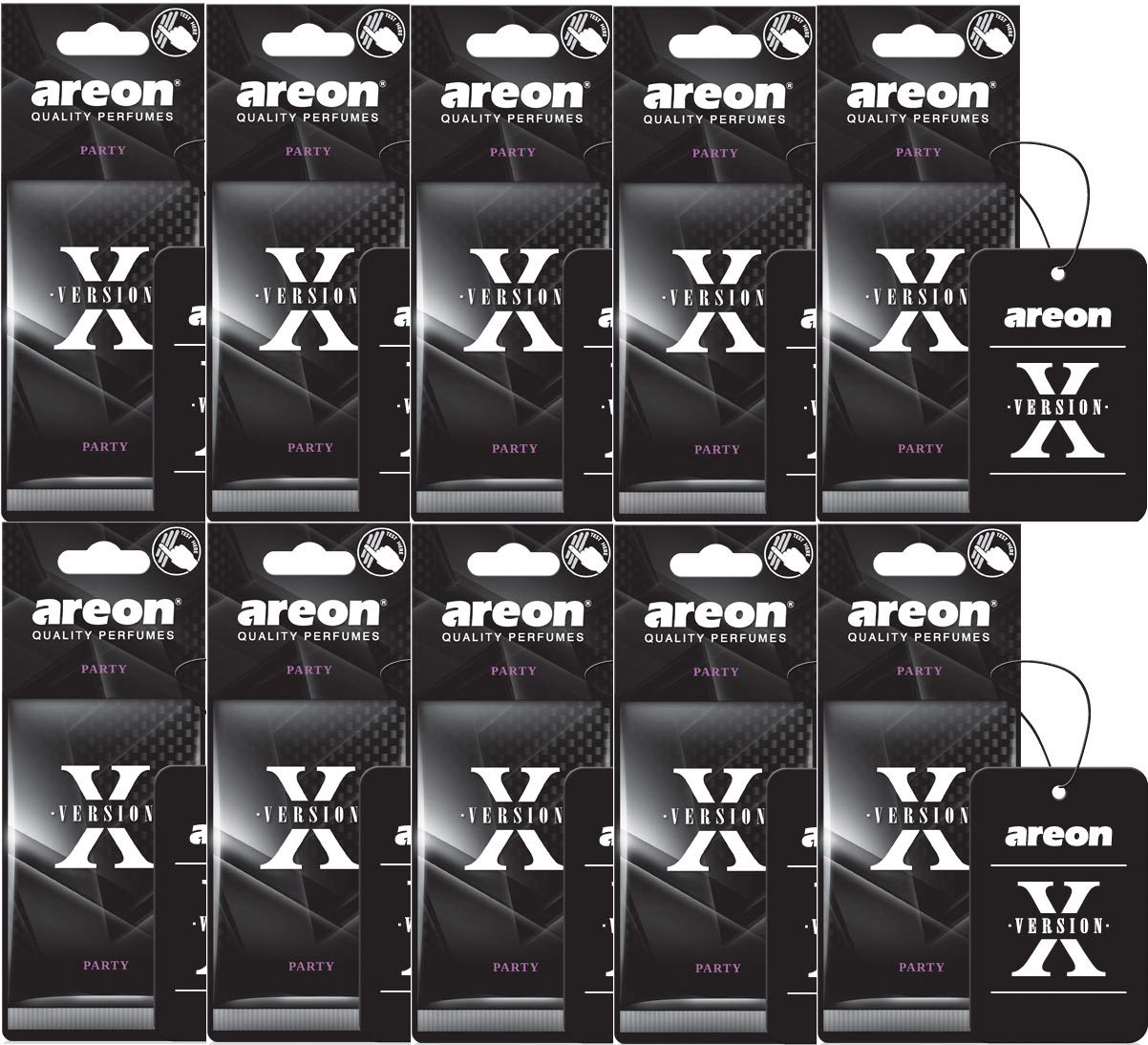 Areon X Auto Lufterfrischer Party Anhänger Aufhänger Spiegel Duft Autoduft Schwarz Pappe 2D (Set Pack x 10) von AREON