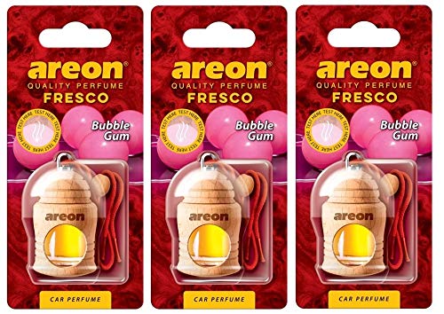 Areon Fresco Auto Bubble Gum Duft Kaugummi Rot Glas Duftflakon Flakon Holz Hängend Anhänger Spiegel Set 4ml (Pack x 3) von AREON