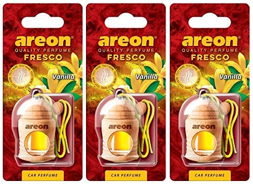AREON Fresco Auto Vanille Duft Glas Duftflakon Set Flakon Holz Hängend Anhänger Spiegel Gelb 4ml (Pack x 3) von AREON