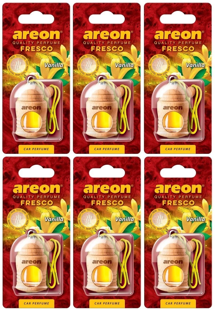 AREON Fresco Auto Vanille Duft Glas Duftflakon Set Flakon Holz Hängend Anhänger Spiegel Gelb 4ml (Pack x 6) von AREON