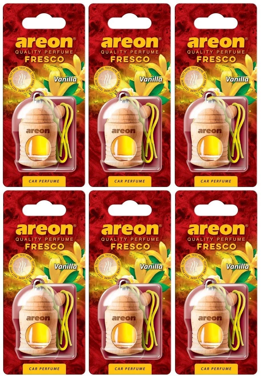 AREON Fresco Auto Vanille Duft Glas Duftflakon Set Flakon Holz Hängend Anhänger Spiegel Gelb 4ml (Pack x 6) von AREON