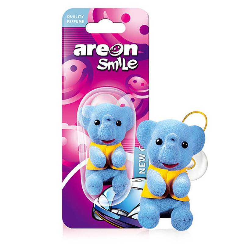 AREON Smile Auto-Lufterfrischer, Neuer Auto-Duft, lustig, zum Aufhängen, blauer Elefant, 3D-Packung mit 1 Stück von AREON