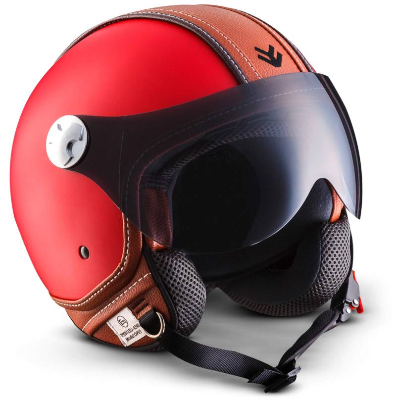 ARMOR HELMETS® AV-84 „Vintage Deluxe Red“ · Jet-Helm · Motorrad-Helm Roller-Helm Scooter-Helm Moped Mofa-Helm Chopper Retro Vespa Vintage Pilot · ECE 22.05 Visier Schnellverschluss Tasche S (55-56cm) von ARMOR HELMETS