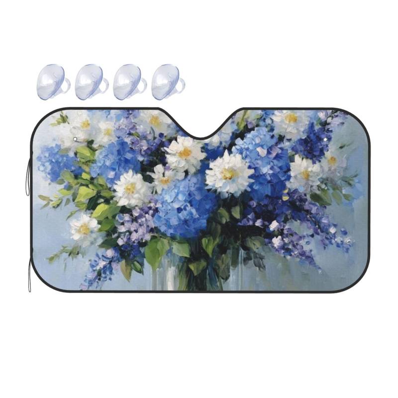 Blaue und weiße Blume in Vase, Naturlandschaft, Auto-Sonnenschutz für Auto, LKW, SUV, blockiert UV-Strahlen, Sonne (S,130 x 70 cm) von ASDJHFABKY