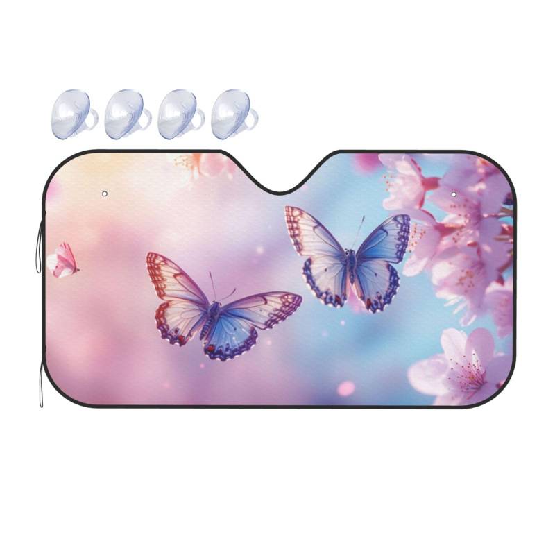Cherry Blossoms Flying Blue Butterfly Pink Cherry Auto-Sonnenschutz für Auto, LKW, SUV – blockiert UV-Strahlen Sonne (S,130 x 70 cm) von ASDJHFABKY