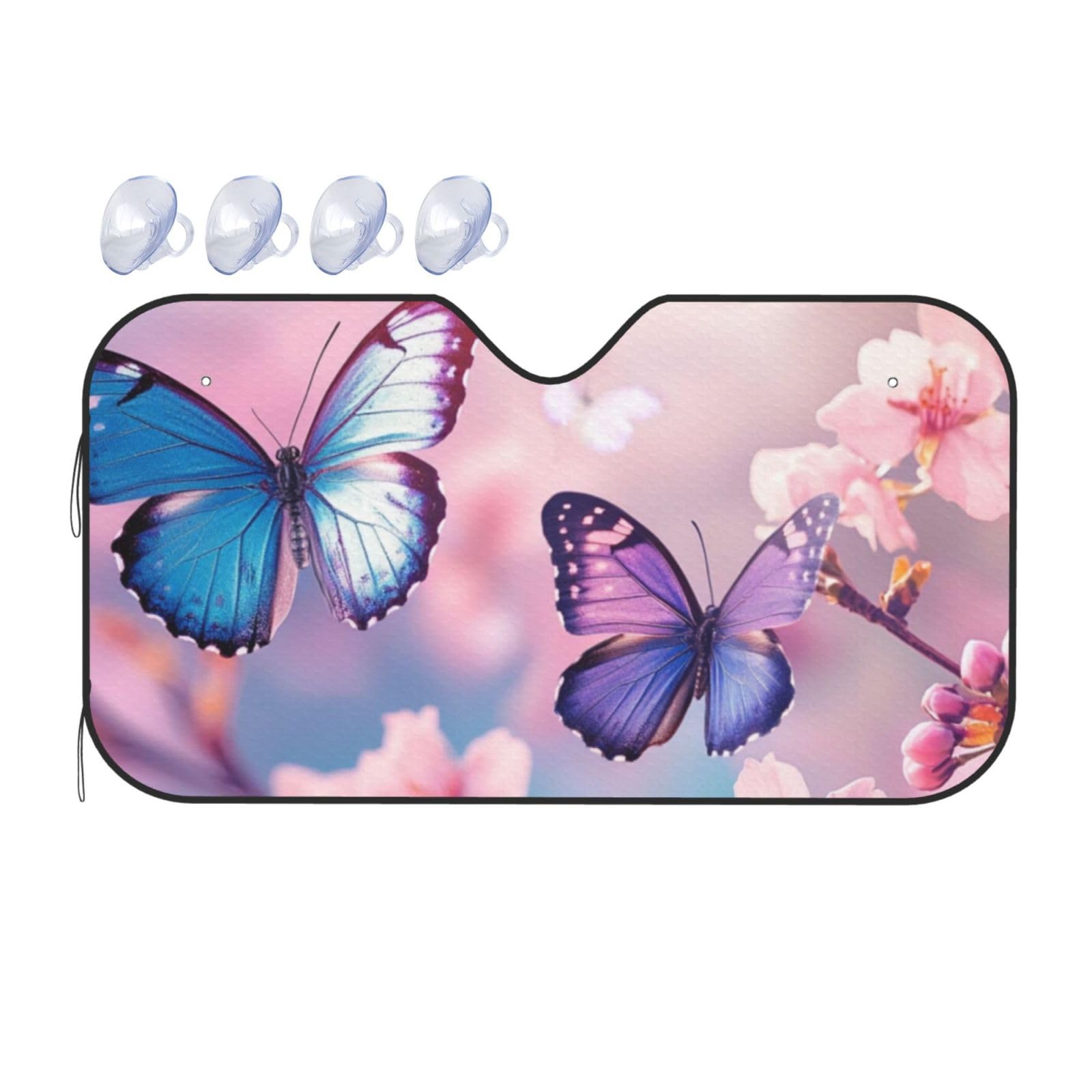 Flying Blue Butterfly Pink Cherry Blossoms Auto-Sonnenschutz für Auto, LKW, SUV – blockiert UV-Strahlen Sonne (S,130 x 70 cm) von ASDJHFABKY