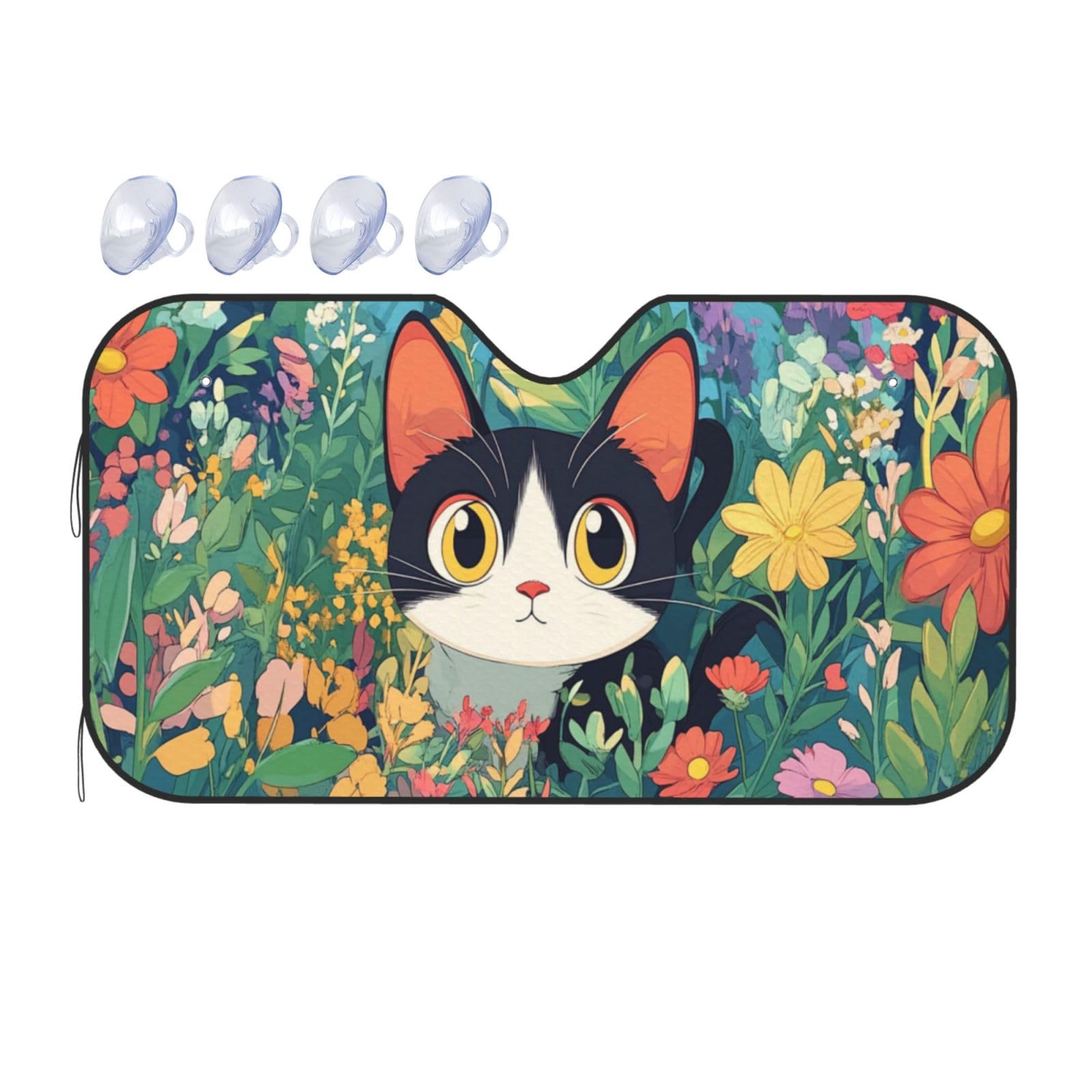 Schwarze Katze schwarze Katze unter Blumen niedliche Katze Auto-Sonnenschutz für Auto, LKW, SUV – blockiert UV-Strahlen Sonne (S,130 x 70 cm) von ASDJHFABKY