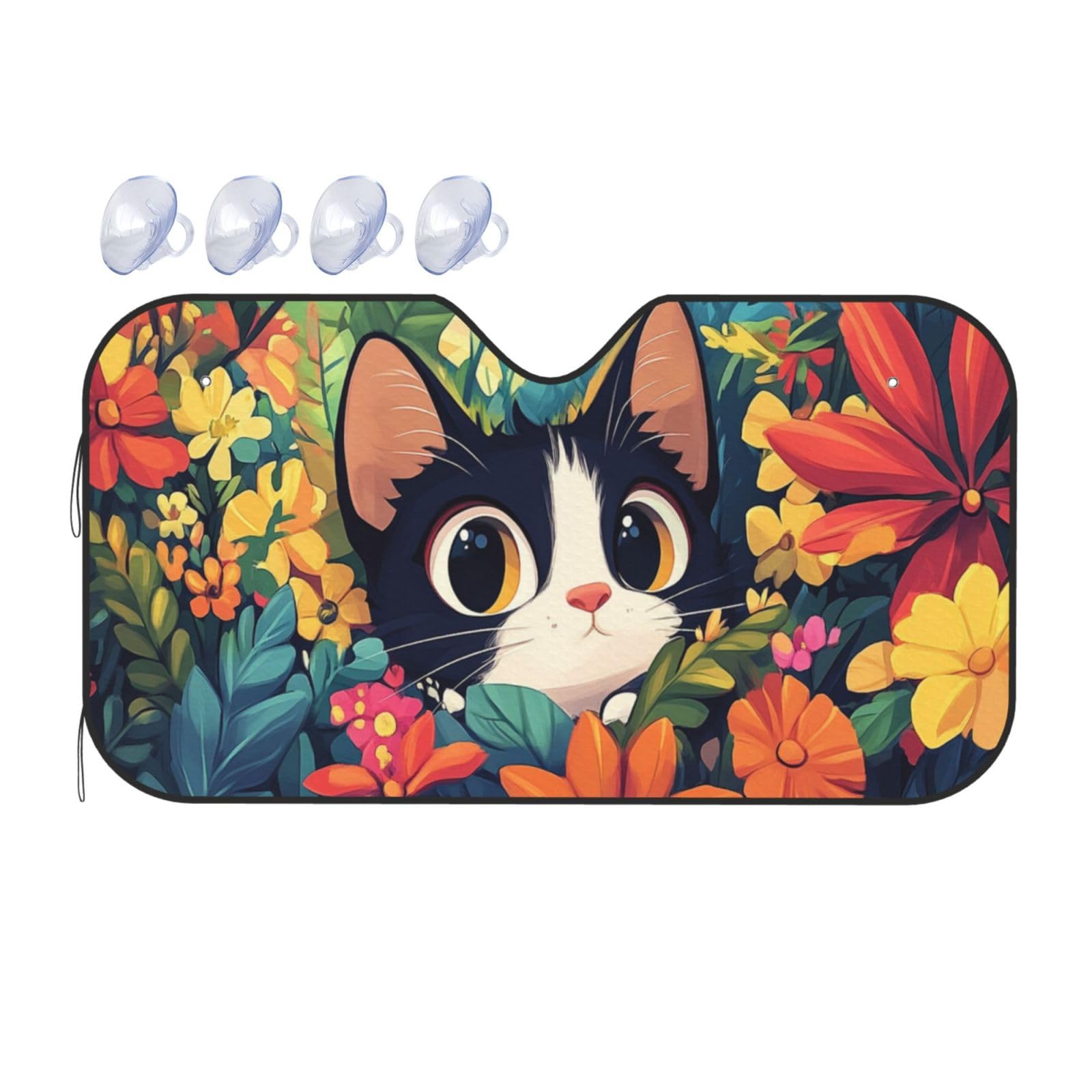 Schwarze Katze unter Blumen, niedliche Katze, schwarze Katze, Auto-Sonnenschutz für Auto, LKW, SUV – blockiert UV-Strahlen Sonne (S,130 x 70 cm) von ASDJHFABKY