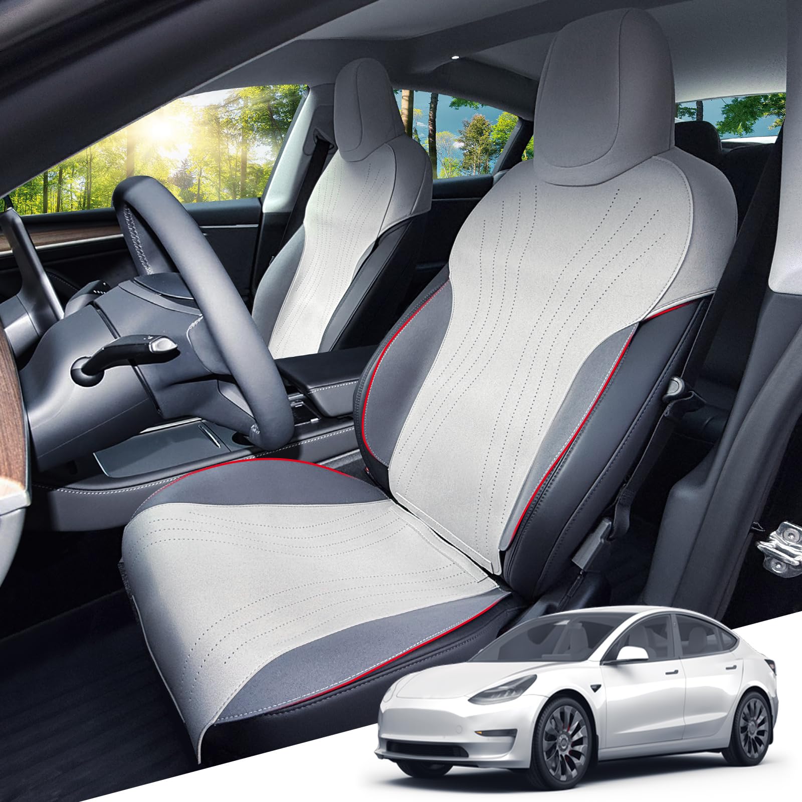 ASZSK 2 Stück Tesla Sitzbezug für Tesla Model Y 2021-2024, Model 3 2021-2023 Auto Vordersitzbezug Hergestellt aus hochwertigem Wildleder, Auto Vordersitzbezug Zubehör (Hellgrau) von ASZSK