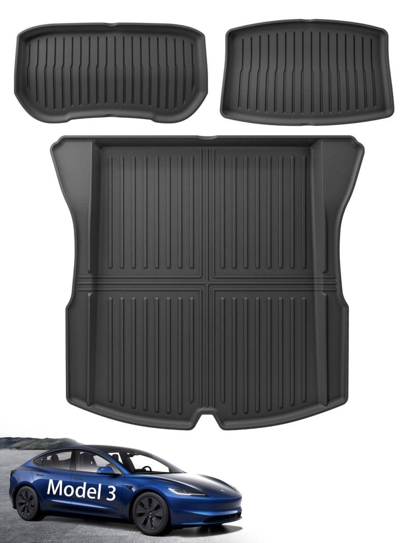 ASZSK 3 Stück Kofferraummatte für Tesla Model 3 2024 2025 Highland, TPE Material, Allwetterschutz für den Kofferraum, verschleißfest und schmutzabweisend, rutschfest und wasserdicht (schwarz) von ASZSK