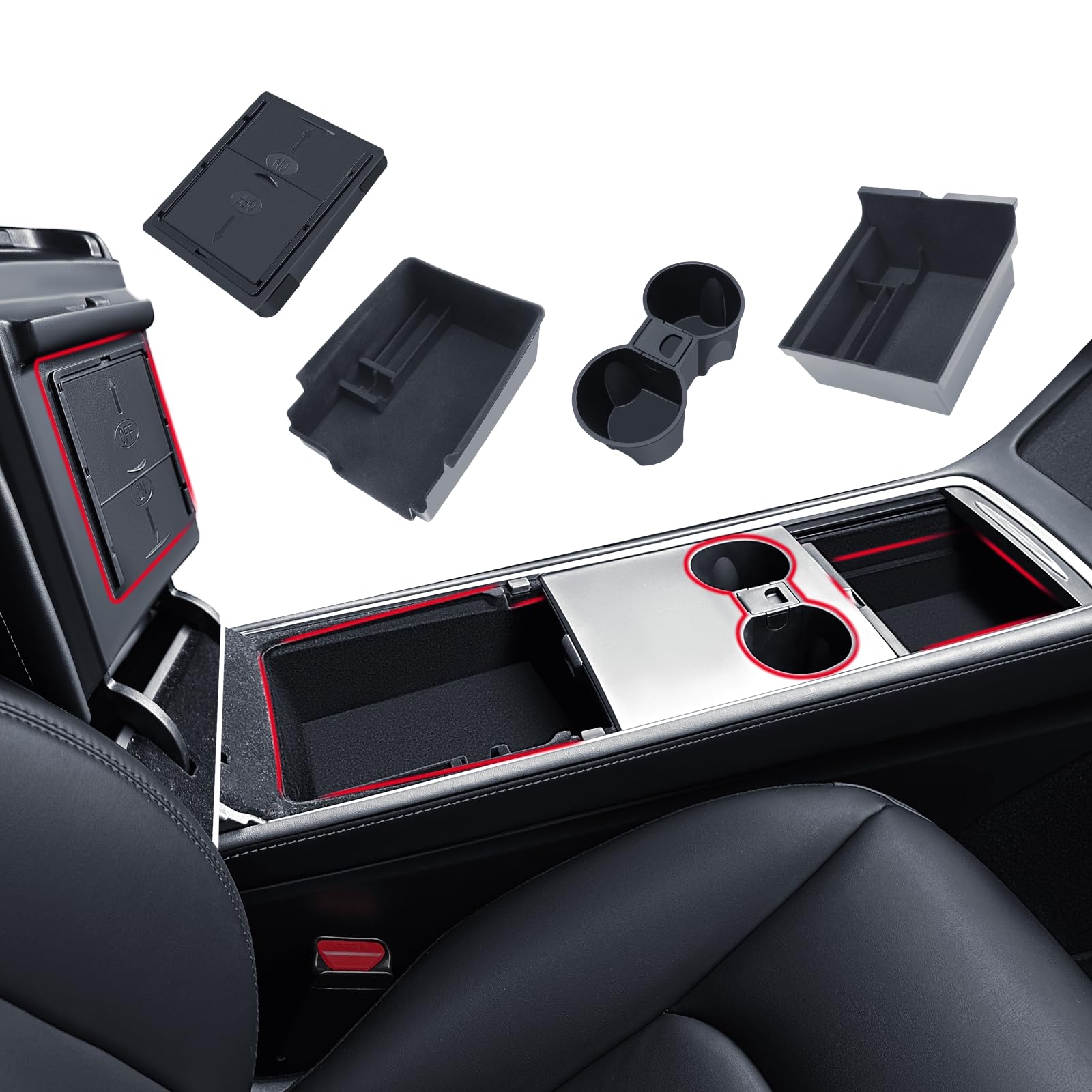 ASZSK 4 Pcs Zubehör für Tesla Model Y 2021-2024 Model 3 2021-2023, Mittelkonsole Aufbewahrungsbox Armlehne Organizer, Versteckte Schublade und Getränkehalter von ASZSK