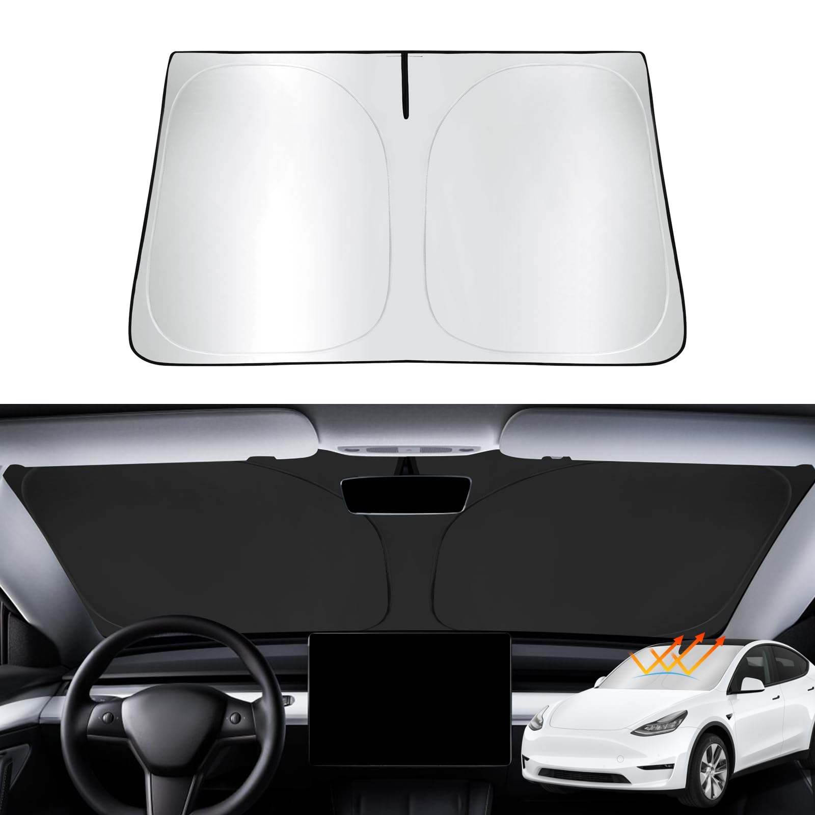 ASZSK Sonnenschutz Frontscheibe für Tesla Model 3 2018-2024 Model Y 2021-2024, Auto Sonnenschutz Frontscheibe, Windschutzscheibe Sonnenblende Klappbarer UV-Strahlen Block Hitzeschutz von ASZSK