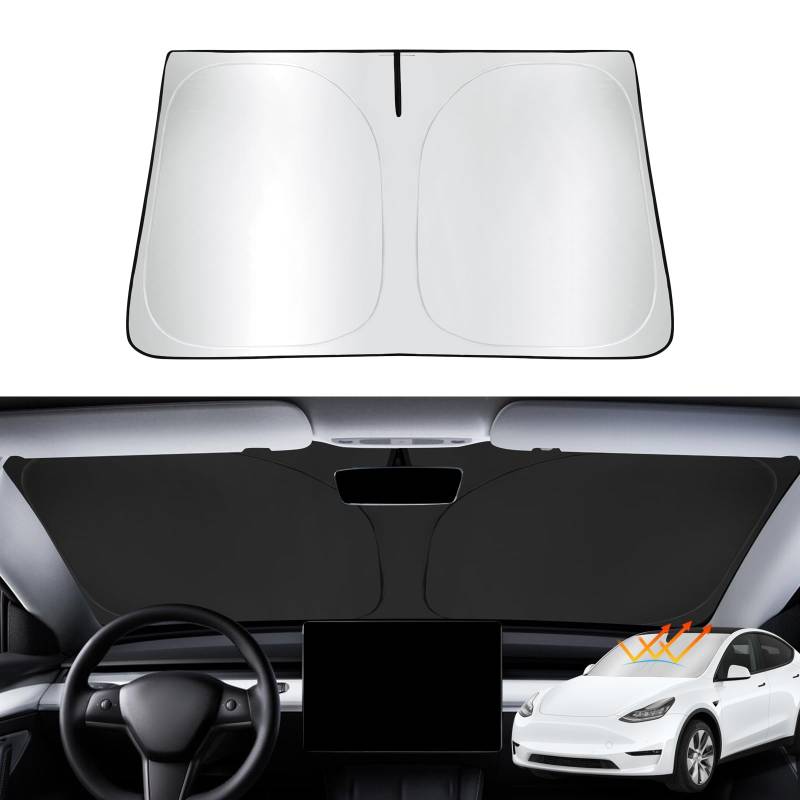 ASZSK Sonnenschutz Frontscheibe für Tesla Model 3 2018-2024 Model Y 2021-2024, Auto Sonnenschutz Frontscheibe, Windschutzscheibe Sonnenblende Klappbarer UV-Strahlen Block Hitzeschutz von ASZSK
