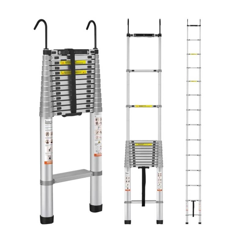 ATATKRT Teleskopleiter, 5,7 m, Aluminium, EIN-Knopf-Einzug, zusammenklappbare Leiter, Mehrzweck-Kompaktleiter for Zuhause/Wohnmobil/Dachboden, einfach zu installierende tragbare Stufen von ATATKRT