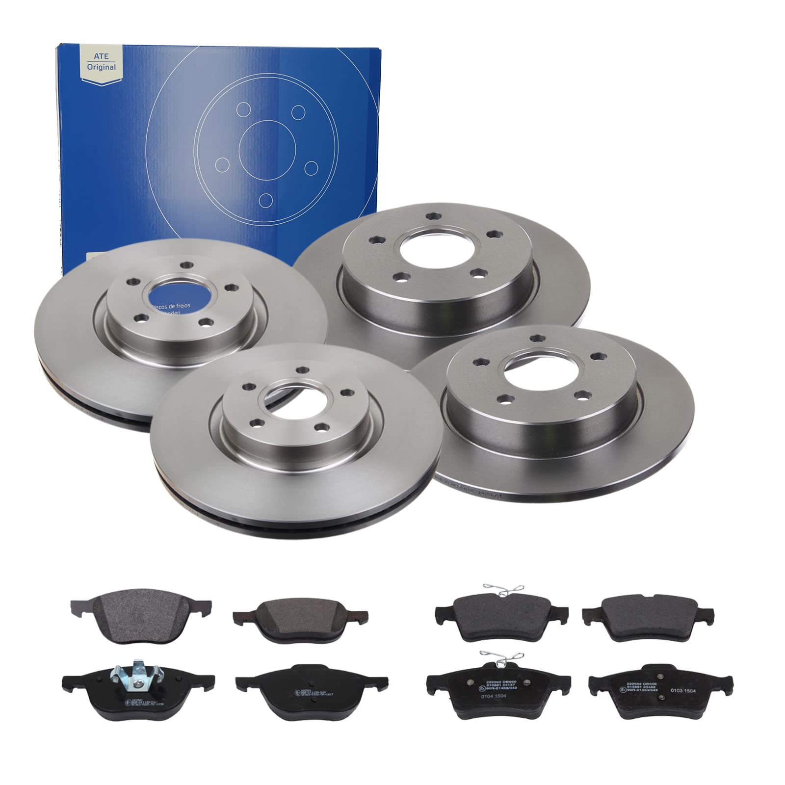 ATE Bremsen-Set 2 Bremsscheiben Ceramic + Bremsbeläge Einbau Vorne Hinten Bremsscheiben-Set Scheibenbremsen passend für Ford Focus 100-Max DM2 Focus 2 von ATE Bundle