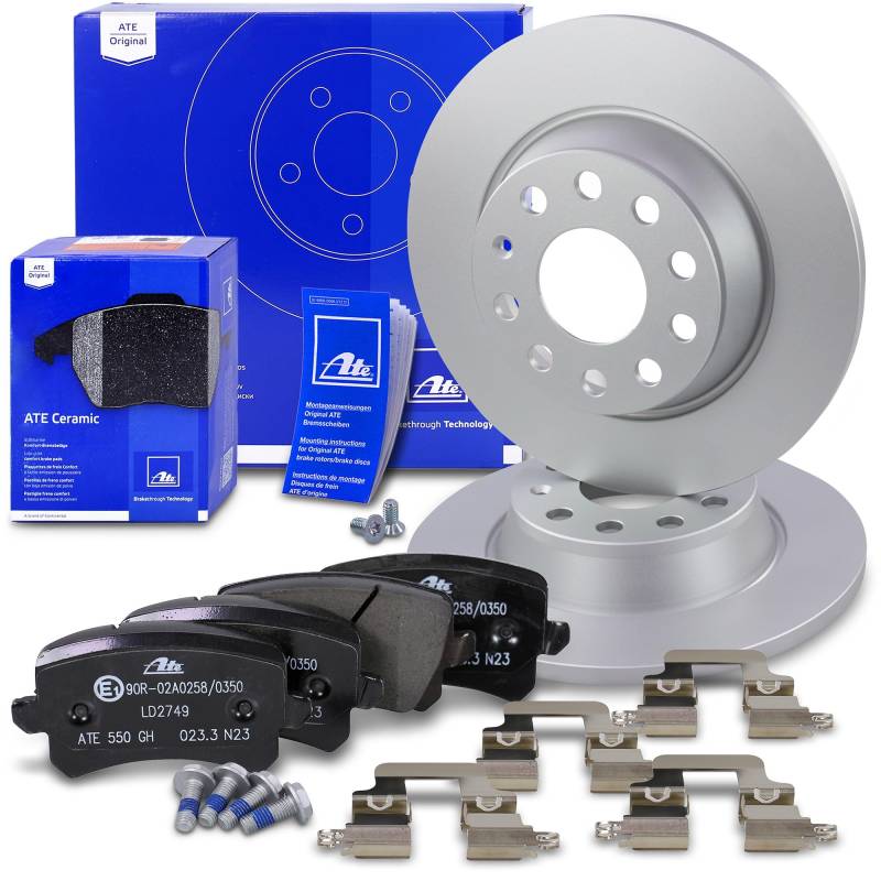 ATE Bremsenset Hinterachse inkl. Bremsscheiben hinten Ø 282 mm voll und Ceramic Bremsbeläge hinten Kompatibel mit AUDI Q3 (8UB, 8UG), SEAT ALHAMBRA, VW CC B7, PASSAT B7 + B8, SHARAN, TIGUAN von Homry